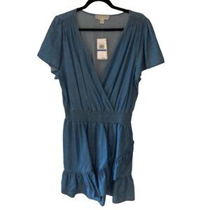 NWT MICHAEL MICHAEL KORS  Blue Denim Ruffled Faux-Wrap Dress XL
